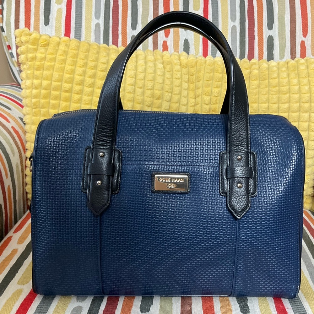 COLE HAAN Vintage Blue Satchel/Crossbody Black Trim,Gold Hardware. EUC!